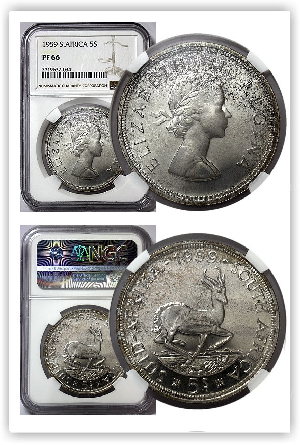 1959 Union SA 2X Silver 5 Shillings PF66 and PL66 Graded coins